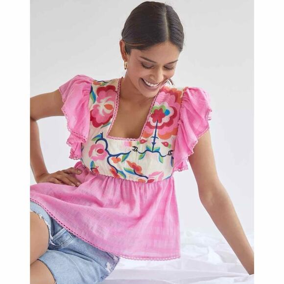 Anthropologie Plenty by Tracy Reese Embroidered Babydoll Blouse Large - Picture 9 of 13